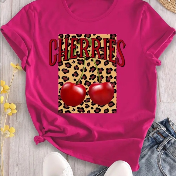 Cherry and leopard graphic tee  rose red new size large - Picture 3 of 6
